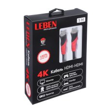 Кабель HDMI-HDMI 2.0, 4К, 10,2 Гбит/с, 5м, биметаллический провод LEBEN